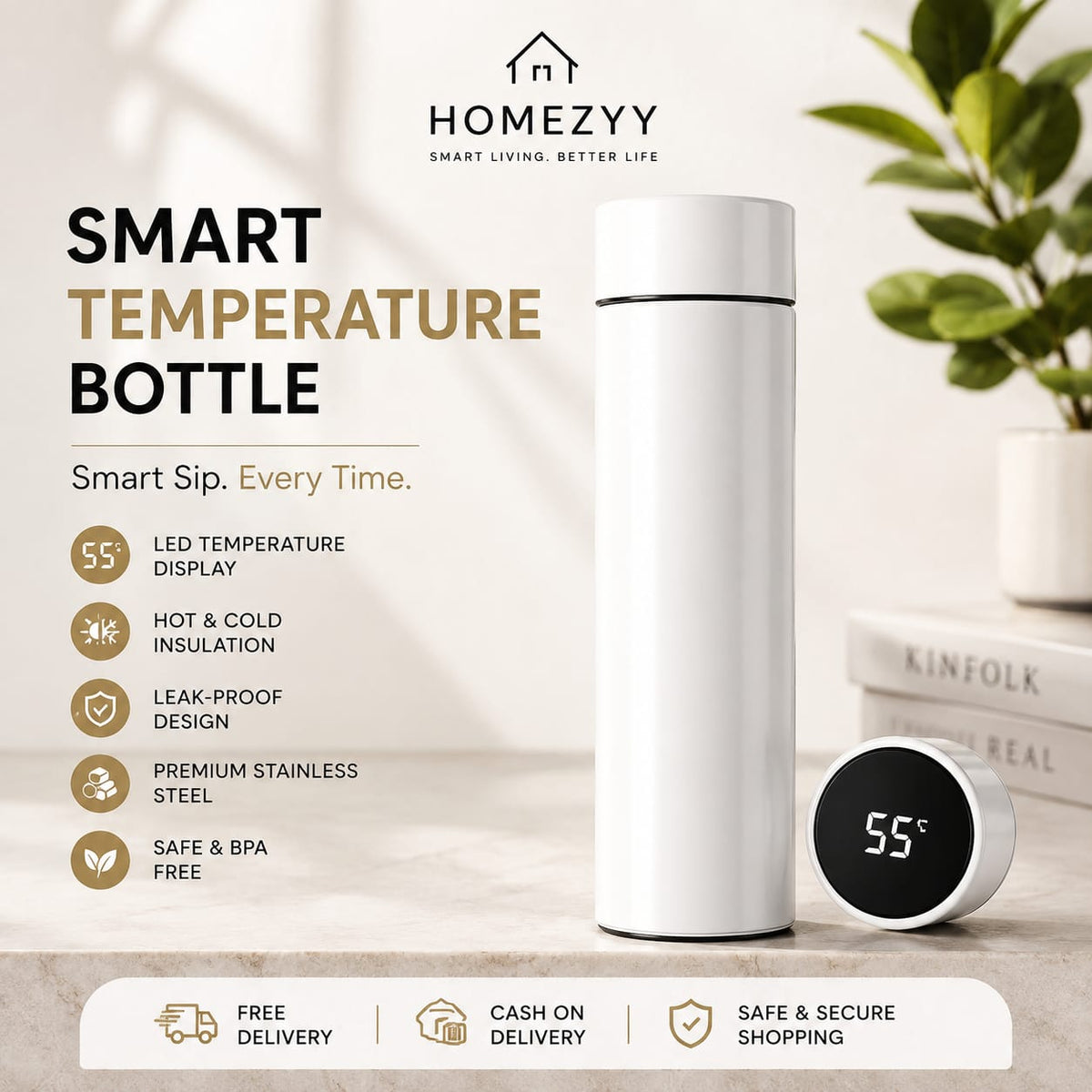 Premium Smart Temperature Display Water Bottle 500ml – White