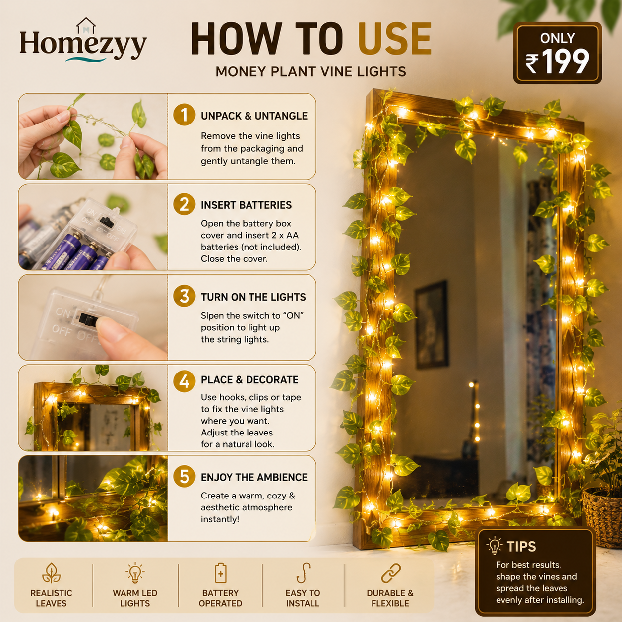 Money Plant Vine LED Lights – Warm White Fairy String Lights for Home, Bedroom, Balcony & Decoration