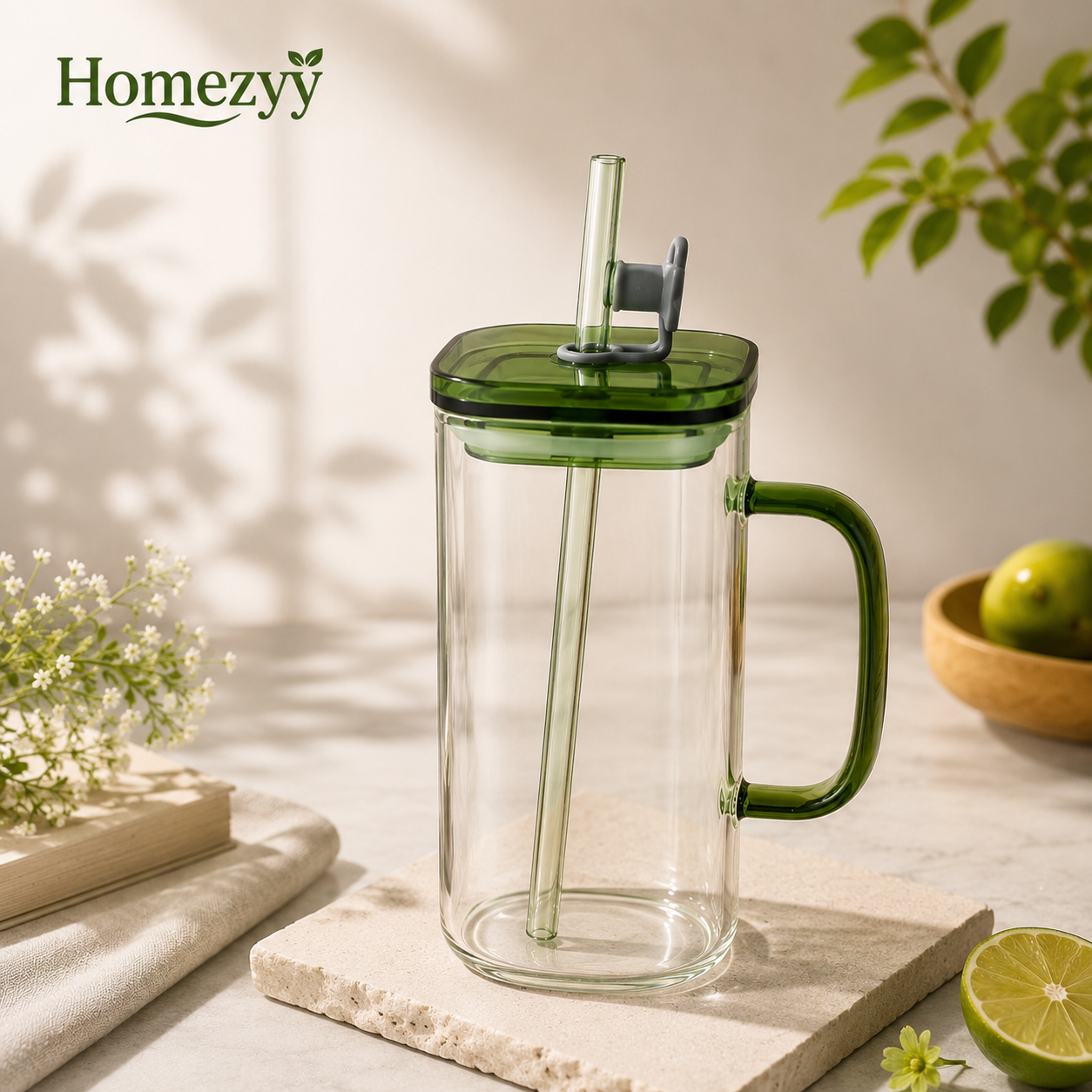450ml Glass Sip Mug with Lid & Straw | Borosilicate Glass | Homezyy