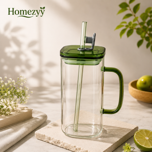 450ml Glass Sip Mug with Lid & Straw | Borosilicate Glass | Homezyy