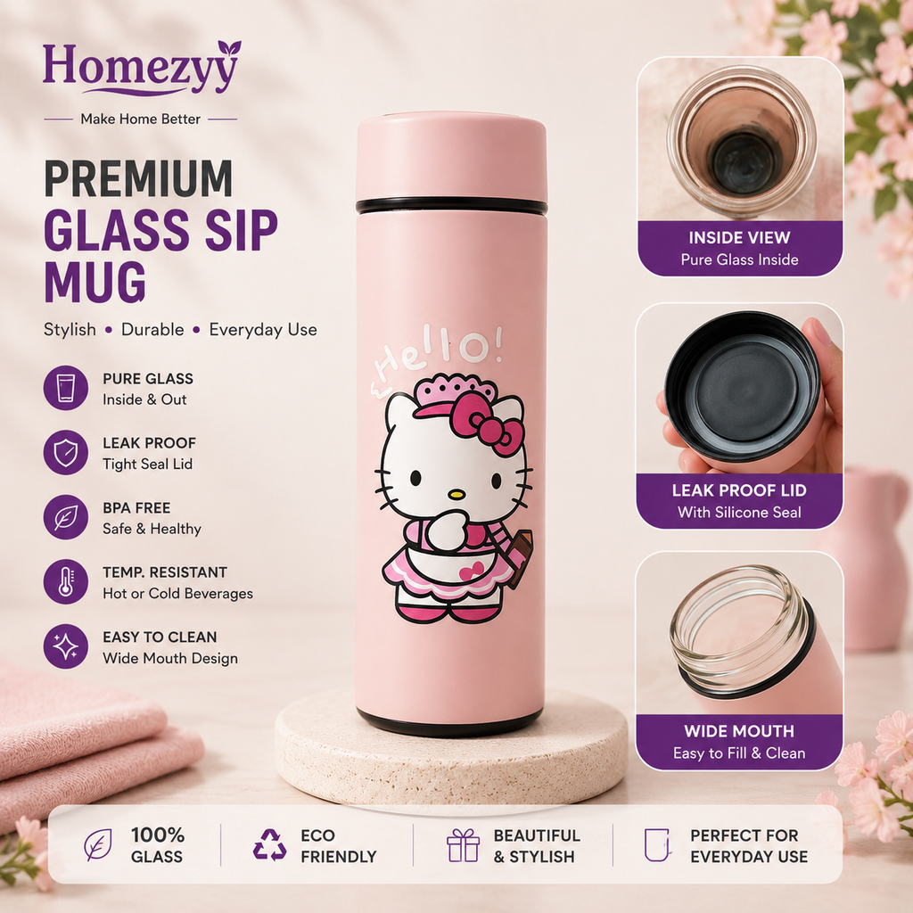 Premium Glass Sip Mug 450ml | Leak Proof Glass Coffee Mug | Homezyy