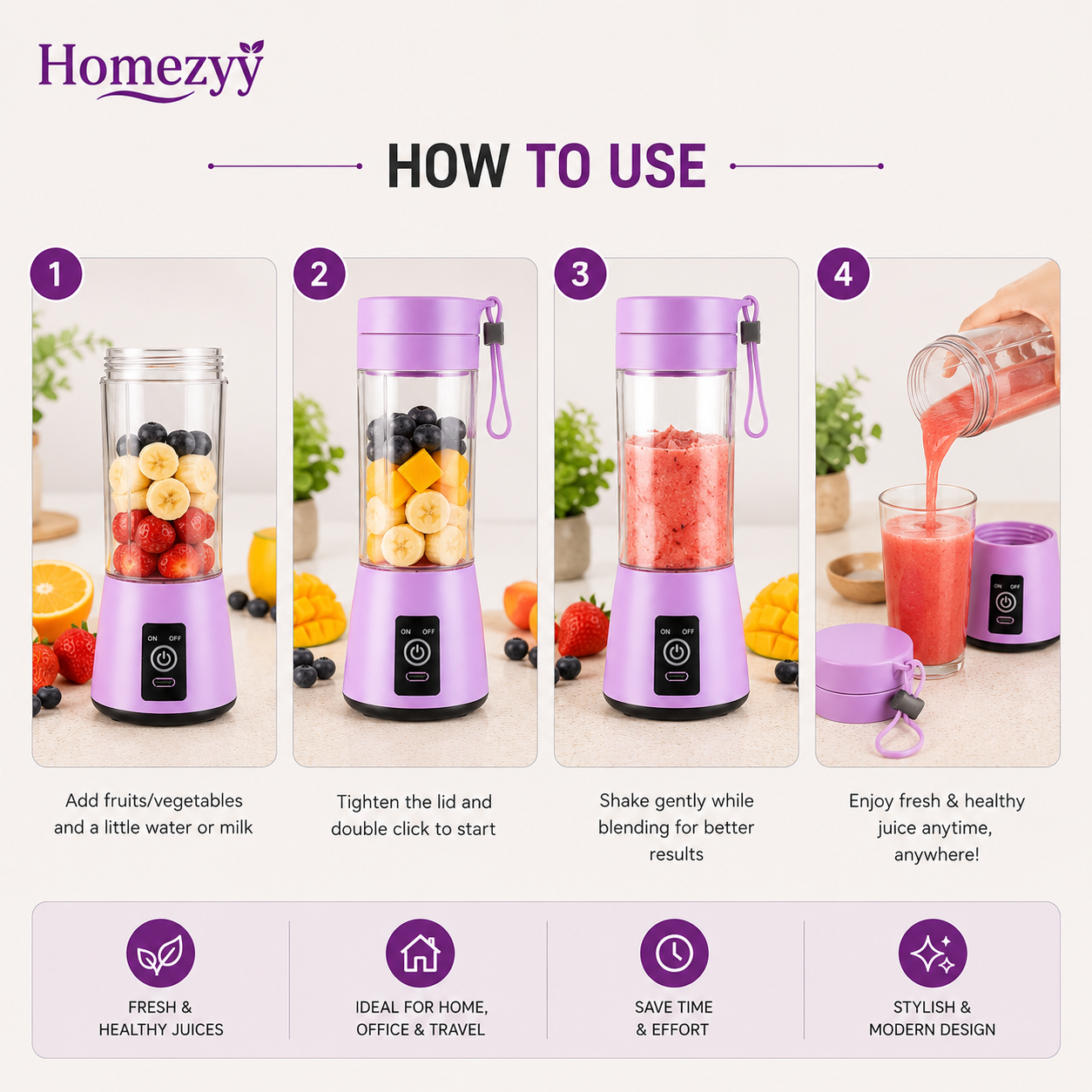 Portable USB Rechargeable Juicer Blender | 6 Blade Personal Smoothie Maker | Homezyy