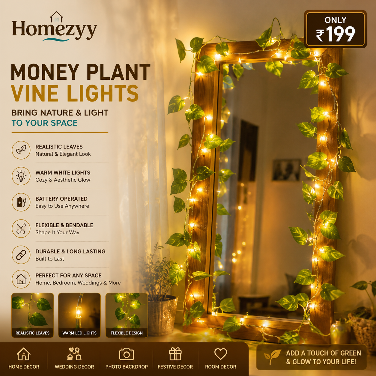 Money Plant Vine LED Lights – Warm White Fairy String Lights for Home, Bedroom, Balcony & Decoration