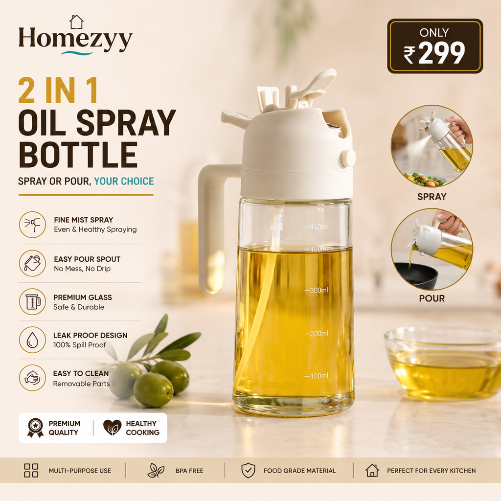 2-in-1 Oil Spray Bottle 500ml | Oil Dispenser & Sprayer | Kitchen Cooking Oil Bottle | Homezyy