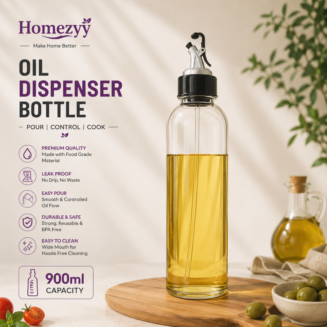 900ml Glass Oil Dispenser Bottle | Leak Proof Kitchen Oil Bottle | Homeezyy