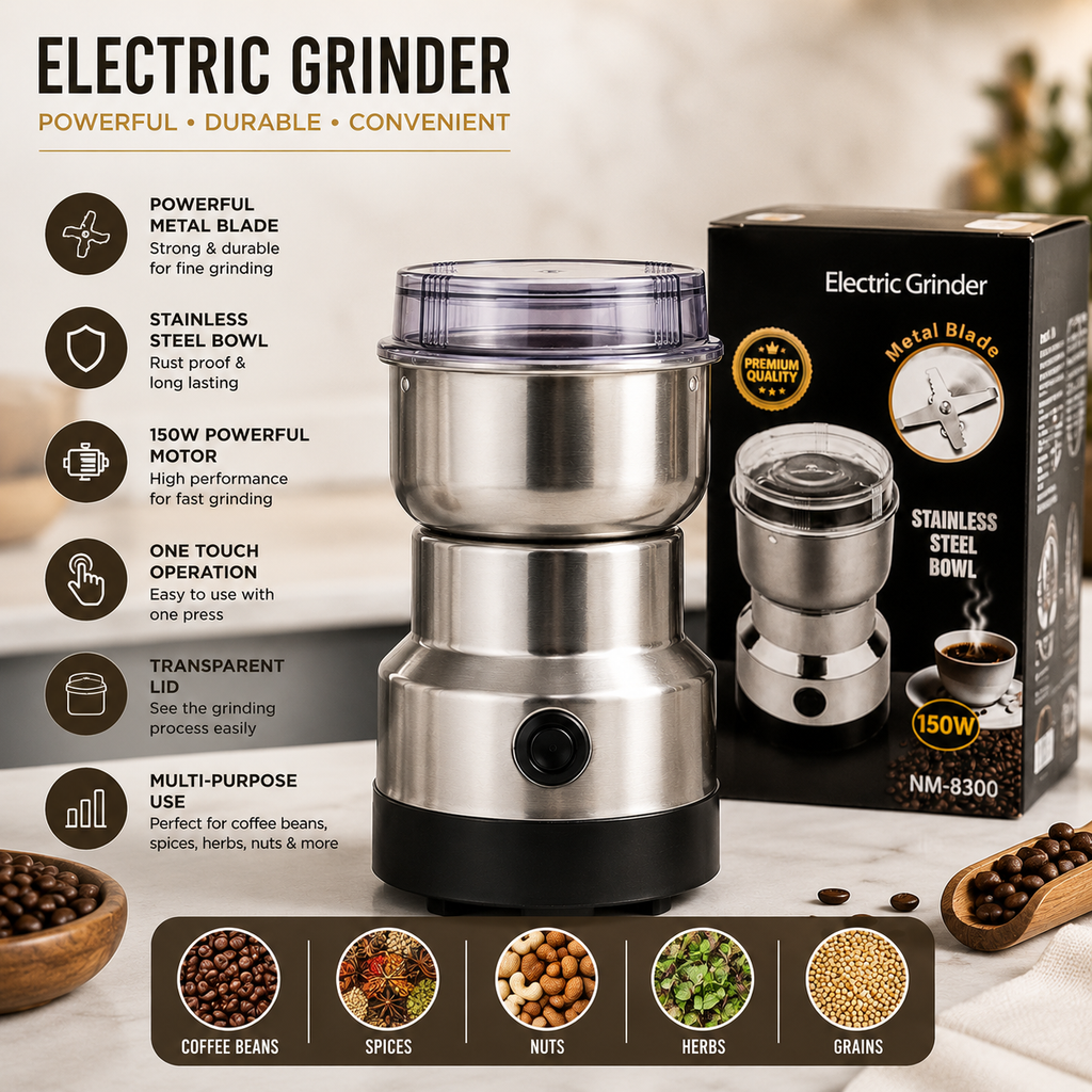 Electric Grinder with Stainless Steel Bowl | Powerful Metal Blade