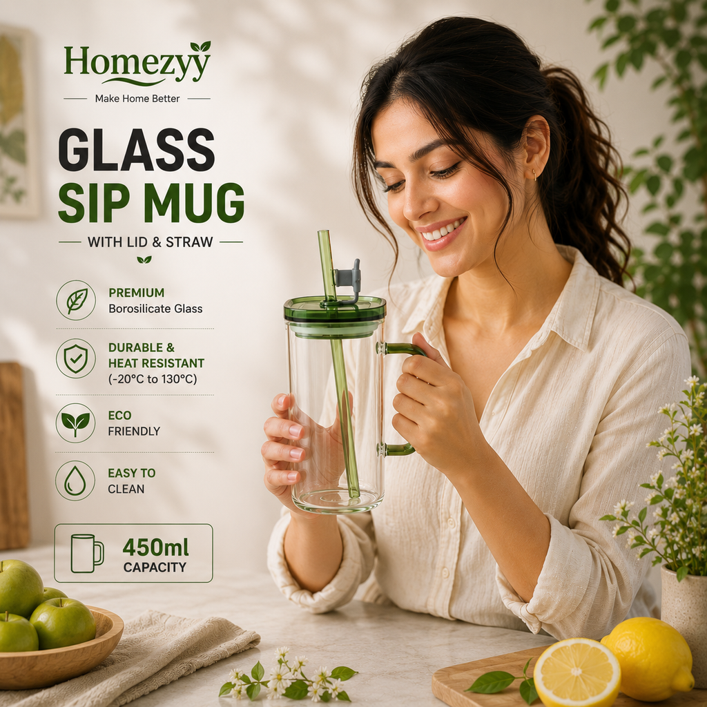 450ml Glass Sip Mug with Lid & Straw | Borosilicate Glass | Homezyy