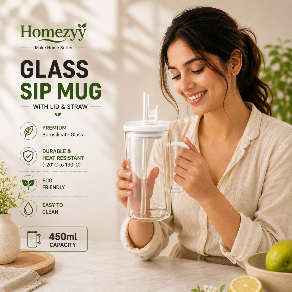 450ml Glass Sip Mug with Lid & Straw | Borosilicate Glass | Homezyy