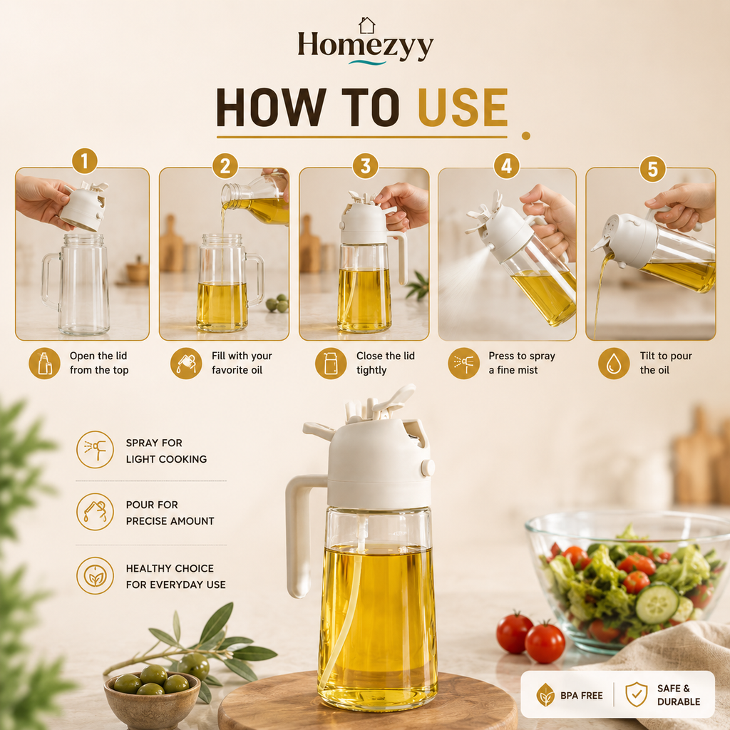 2-in-1 Oil Spray Bottle 500ml | Oil Dispenser & Sprayer | Kitchen Cooking Oil Bottle | Homezyy