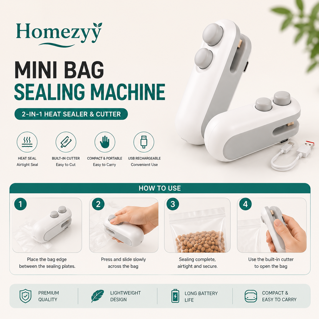 Mini Bag Sealing Machine – 2-in-1 USB Rechargeable Heat Sealer & Cutter for Food Storage Bags