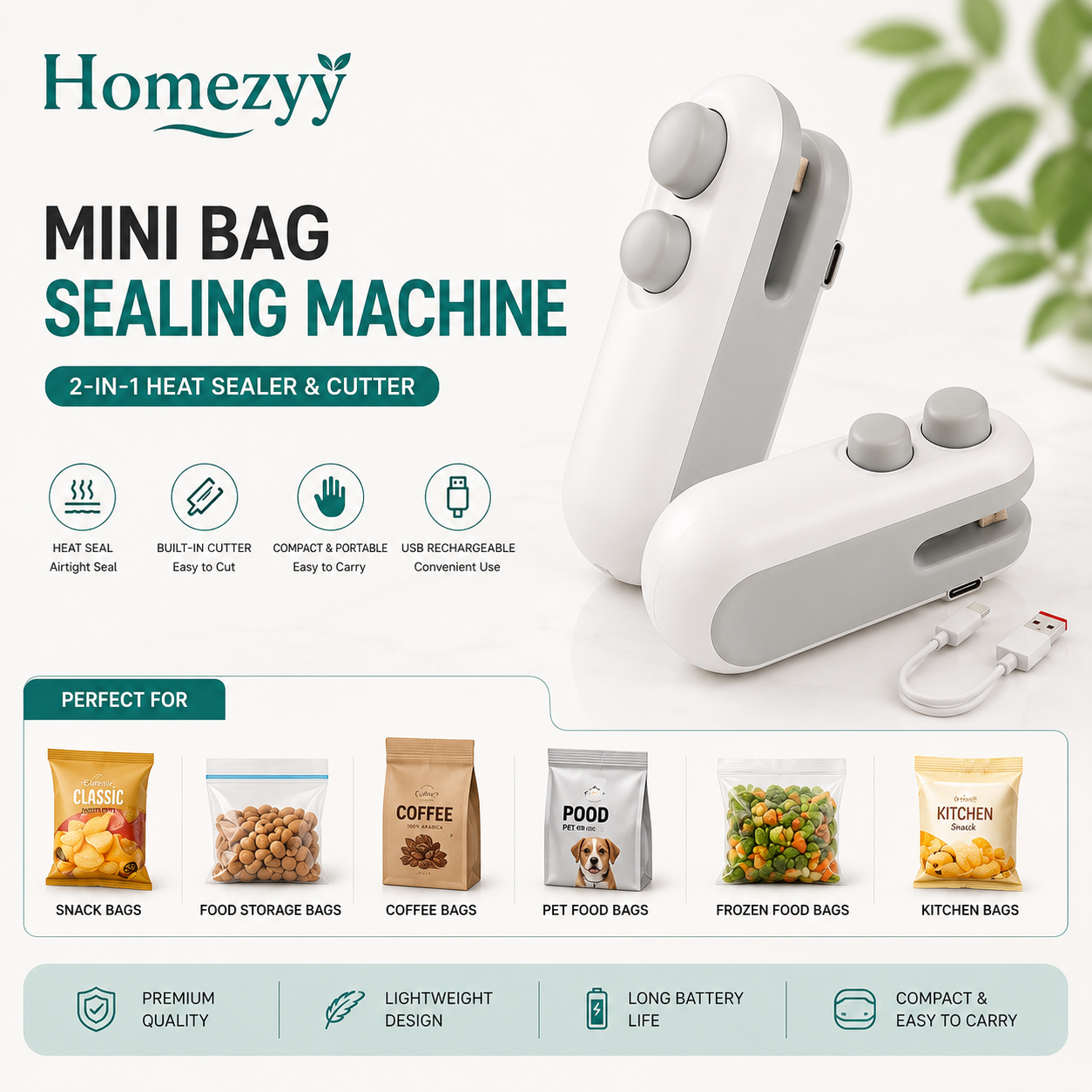 Mini Bag Sealing Machine – 2-in-1 USB Rechargeable Heat Sealer & Cutter for Food Storage Bags