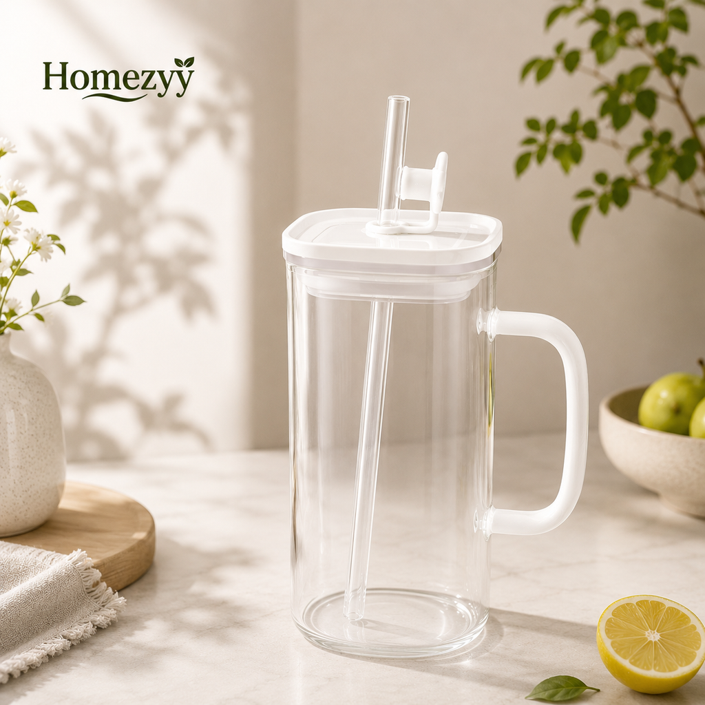 450ml Glass Sip Mug with Lid & Straw | Borosilicate Glass | Homezyy