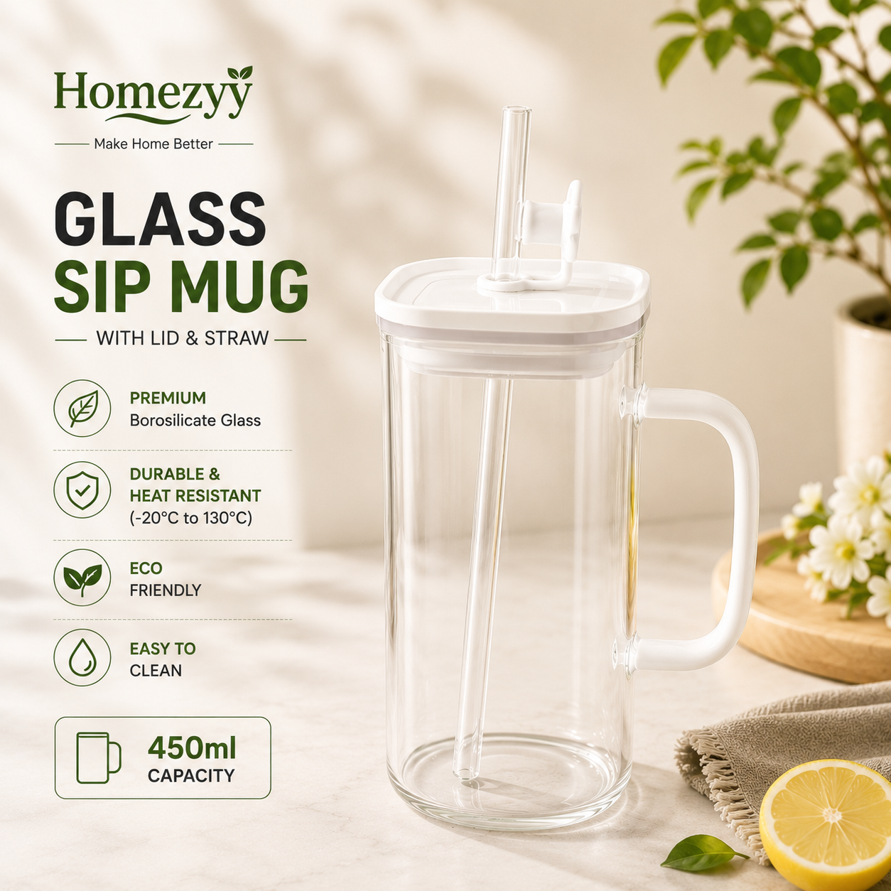 450ml Glass Sip Mug with Lid & Straw | Borosilicate Glass | Homezyy